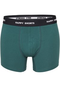 Pantaloni boxer color teal scuro con una vita nera etichettata "HAPPY SHORTS". Presentano un tessuto morbido, cuciture cucite e una vestibilità aderente.