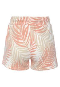 Shorts met een witte basis, voorzien van een roze en beige tropische bladerenprint. Elastische tailleband, zacht materiaal en een ontspannen pasvorm.