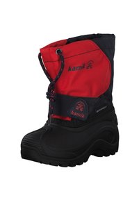 Botte d'hiver imperméable Kamik rouge et noire avec cordon de serrage réglable et sangle Velcro, conçue pour les conditions froides et enneigées.