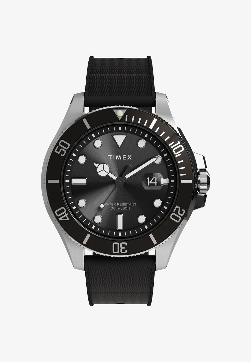 Timex schwarzer Taucheruhr mit Edelstahlgehäuse, schwarzem strukturiertem Armband, leuchtenden Markierungen, drehbarer Lünette und Datumsanzeige; wasserdicht bis 100 m.