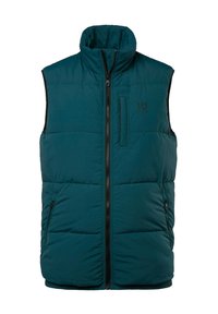 TURQUOISE DONSEN VEST MET HOGE KRAAG, VOORZIJDE RITSSLUITING, ZIJVAKKEN EN EEN BORSTVAK. LICHTGEWICHT MATERIAAL MET EEN GEQUILTED TEXTUUR.