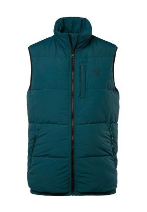 Teal puffer vest med høj krave, frontlukning med lynlås, sidelommer og en brystlomme. Letvægtsmateriale med en quiltet struktur.