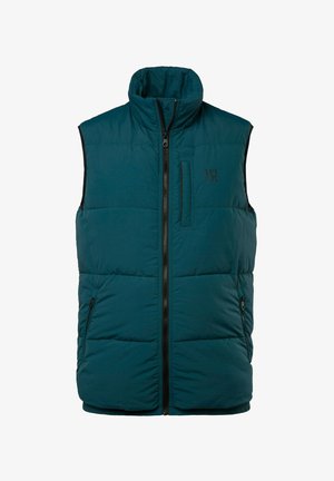 Teal puffer vest med høj krave, frontlukning med lynlås, sidelommer og en brystlomme. Letvægtsmateriale med en quiltet struktur.