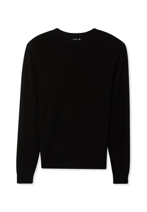 Czarny sweter z długim rękawem i okrągłym dekoltem, wykonany z miękkiego materiału. Posiada elastyczne mankiety i dół. Prosty, minimalistyczny design.