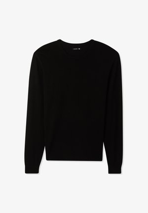 Czarny sweter z długim rękawem i okrągłym dekoltem, wykonany z miękkiego materiału. Posiada elastyczne mankiety i dół. Prosty, minimalistyczny design.