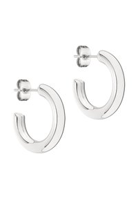 Silberne Creolen mit mondförmigem Design, polierter Oberfläche und sicherem Steckverschluss. Das Design ist glatt und weist sanfte Kurven auf.