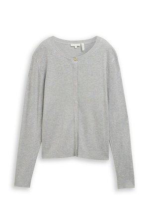 Jasnoszary kardigan z długim rękawem, okrągłym dekoltem i pojedynczym małym zatrzaskiem na górze pośrodku z przodu.