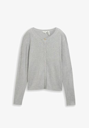 Jasnoszary kardigan z długim rękawem, okrągłym dekoltem i pojedynczym małym zatrzaskiem na górze pośrodku z przodu.