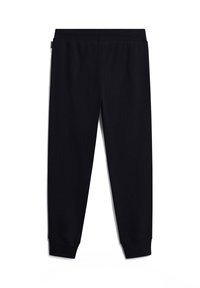 Pantaloni della tuta neri affusolati con cintura elastica e polsini a coste, stesi su uno sfondo bianco.