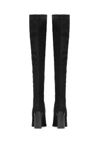 Black knee-high suede boots with a chunky heel, featuring a zipper detail on the outer side and smooth texture.