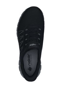 Black athletic shoe with textured mesh upper, lace-up design, padded collar, and gray sole. Features subtle reflective accents along the sides.