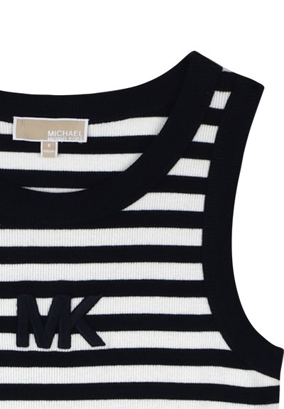 Haut sans manches à rayures horizontales noires et blanches avec logo "MK" sur le devant et étiquette Michael Kors à l'intérieur du col, taille petite.