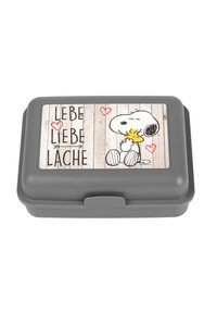 Grau Lunchbox mit einem dekorativen Deckel, der einen Cartoonhund, deutschen Text und Herzgrafiken auf einem holzmusterartigen Hintergrund zeigt.