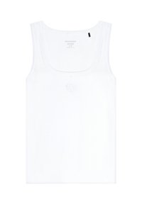 White tank top made of organic cotton with a ribbed texture, featuring a rounded neckline and an embroidered logo on the front.