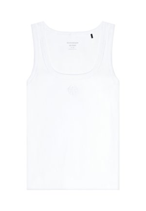 Weißes Tanktop aus Bio-Baumwolle mit gerippter Textur, runder Halsauschnitt und gesticktem Logo auf der Vorderseite.