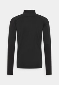 Black long-sleeve top featuring a high collar, smooth fabric, and minimal design. No patterns or embellishments are visible.