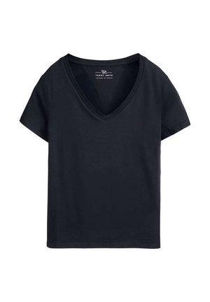 T-shirt noir à manches courtes avec col en V, design simple et étiquette de la marque Teddy Smith à l’intérieur du col.