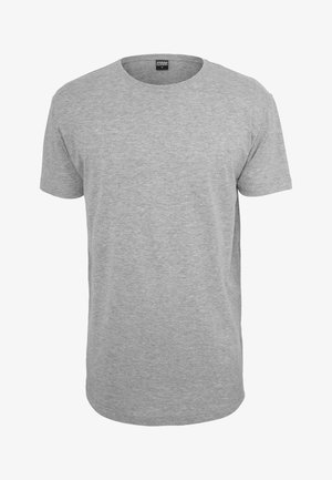 Siva pamučna majica s kratkim rukavima i udobnim okruglim izrezom, ravnim donjim rubom i mekim materijalom; minimalno brendiranje vidljivo na izrezu.