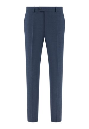 Pantaloni sartoriali da donna blu navy con chiusura a bottone e zip, passanti per cintura e piega frontale su entrambe le gambe.