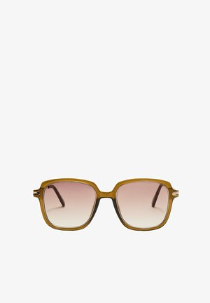 Square sunglasses with a light brown translucent frame, gradient pink lenses, and dark brown temple arms. Minimalist design with subtle hardware accents.