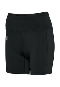 Czarne sportowe szorty wykonane z elastycznego materiału, z wysokim pasem i płaskimi szwami. Na lewej stronie widoczna jest mała naszywka z logo.
