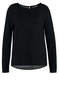 T-shirt noir à manches longues avec un col rond et un petit détail en forme de clé à l'arrière. Texture douce et lisse avec un ourlet légèrement arrondi.
