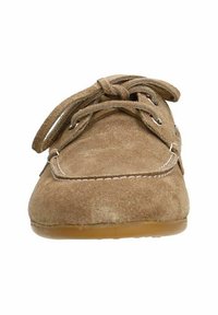 Braune Wildleder Schnürschuhe mit runder Zehenform, tonalem Nähen und Gummisohle. Verfügt über ein klassisches Bootssschuh-Design und eine strukturierte Oberfläche.