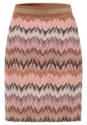 Knit skirt with pink, brown, and beige zigzag chevron pattern and brown elastic waistband with gold glitter stripe.