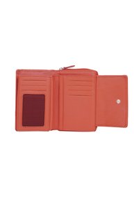 Koraal leren portemonnee met meerdere kaartslots, transparante ID-pocket en een ritssluitingcompartiment. Gladde textuur en nette stiksels.