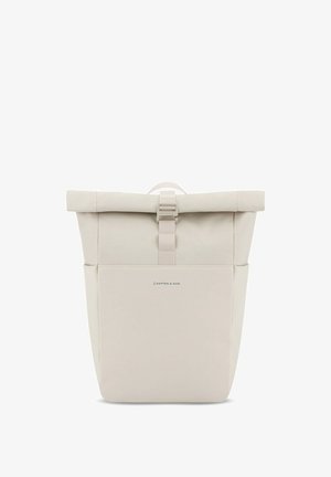 Beige roll-top backpack made of sturdy material, featuring a front buckle, minimalistic design, and subtle branding at the bottom.