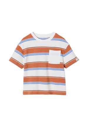 Short-sleeve T-shirt with white, rust orange, and blue horizontal stripes and a solid white chest pocket on the right side.
