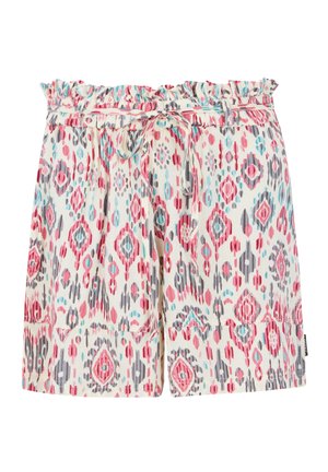 Multicolore shorts met een gerimpelde elastische tailleband. De stof heeft een geometrisch patroon in roze, blauw en grijstinten.