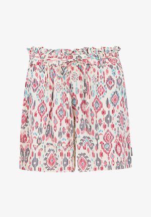 Multicolore shorts met een gerimpelde elastische tailleband. De stof heeft een geometrisch patroon in roze, blauw en grijstinten.