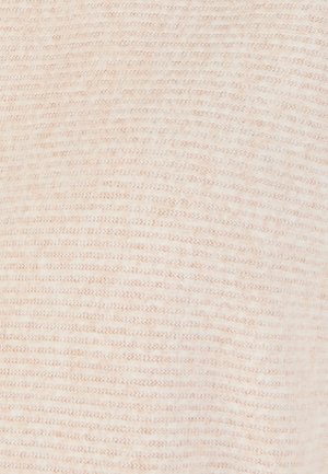 Tessuto leggero beige con una texture e sottili strisce orizzontali. La superficie appare morbida e leggermente lavorata a maglia, creando un motivo sottile.