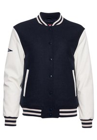Veste universitaire bleu marine et blanche avec col, poignets et ourlet rayés, boutons-pression à l'avant et poches latérales.