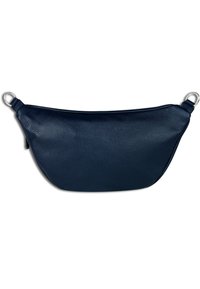 Sac en cuir bleu marine avec une texture lisse, une forme courbée et des accents en métal argenté. Il dispose d'une fermeture éclair et de points d'attache pour une double sangle.