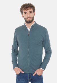 Uomo con barba che indossa un maglione teal con zip sopra una camicia bianca e jeans blu, in piedi con le mani nelle tasche davanti a uno sfondo bianco.