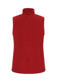 Röd fleeceställ med hög krage, ärmlös design och slät textur. Enkelt enfärgat, inga synliga mönster eller detaljer.