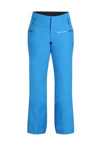 Blaue Skihosen aus wasserdichtem Material, mit glatter Textur, geradem Schnitt, verstellbarem Bund und Reißverschlusstaschen auf der Vorderseite.
