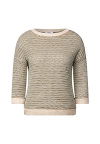 Pull en tricot léger avec un col côtelé, des manches trois-quarts et un motif texturé beige. Il présente un ourlet beige uni.