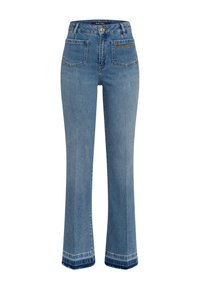 Light blue denim flared jeans with four pockets, a high waist, and embroidered text on the back pocket. Contrast stitching at the hem.