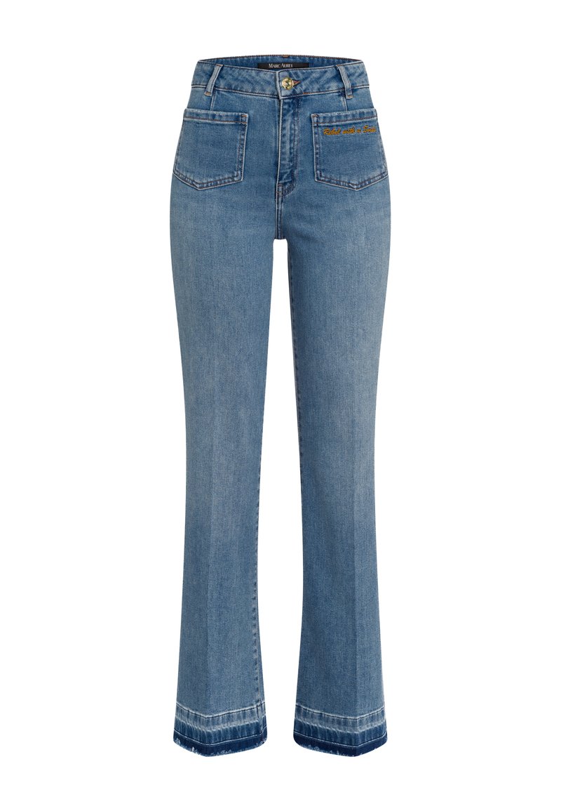 Light blue denim flared jeans with four pockets, a high waist, and embroidered text on the back pocket. Contrast stitching at the hem.