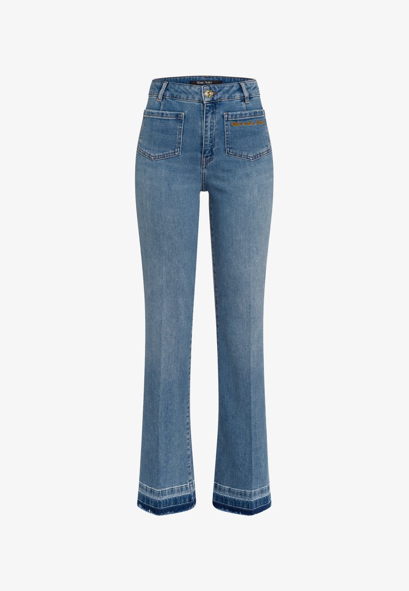 Light blue denim flared jeans with four pockets, a high waist, and embroidered text on the back pocket. Contrast stitching at the hem.