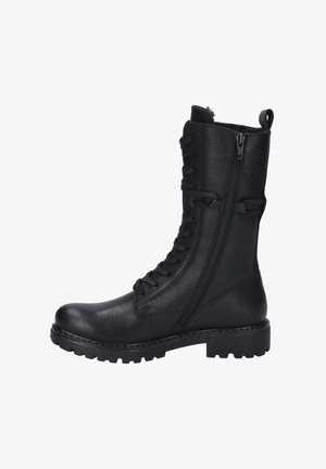 Black leather knee-high boots with a textured finish, featuring a lace-up front, side zipper, and rugged rubber sole for traction.