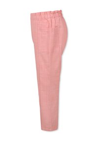 Lichtroze linnenbroek met een elastische tailleband, zijzakken en een rechte pasvorm. De stof heeft een zachte, textuurafwerking.