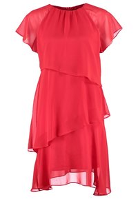 Robe en chiffon rouge avec des manches courtes et flottantes, un design superposé et un ourlet irrégulier, présentant un col rond et une texture douce.