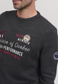 Grå stickad tröja med rund halsringning, broderad text i röd och vit, samt två runda lappar på ärmarna.