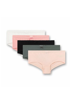 Fünf Damen-Hipster-Slips in Weiß, Pink, Schwarz, Dunkelgrün und Beige, jeweils mit einer kleinen Schleife am Bund, überlappend dargestellt.