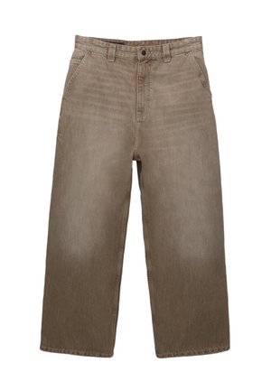 Pantaloni in denim marrone a gamba larga con una texture morbida, dotati di chiusura frontale con bottone, passanti per la cintura e tasche laterali.