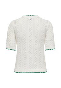 Haut en maille blanc à manches courtes avec motif en dentelle chevron et bords verts festonnés au col, aux poignets et à l'ourlet, vu de dos.